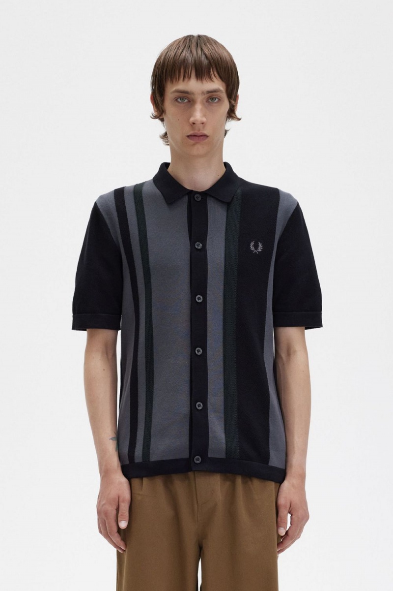 Fred Perry Striped Knitted Men\'s Shirt Black | NSZXV7634