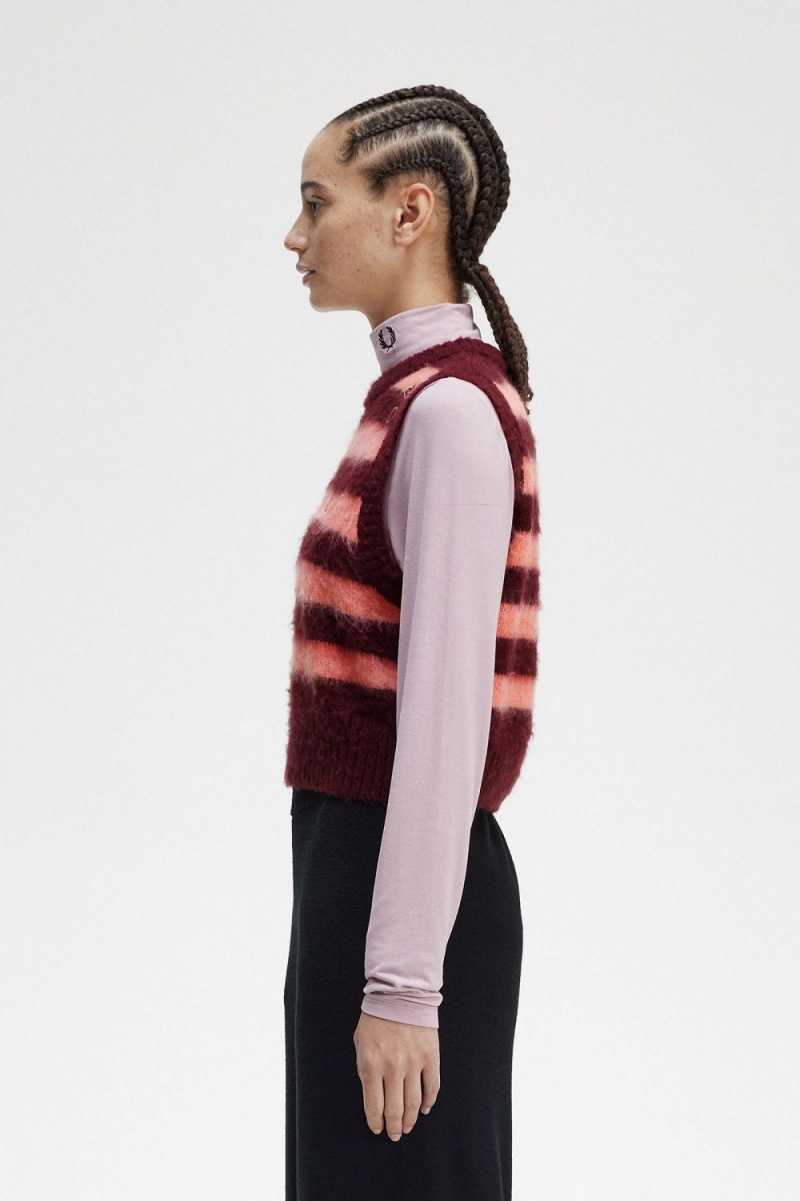 Fred Perry Striped Knitted Women's Tanks Oxblood | DUTHS0913