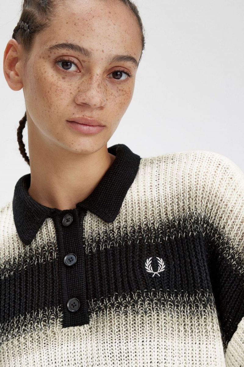 Fred Perry Striped Open-Knit Women's Shirt Black | QRWSK0237