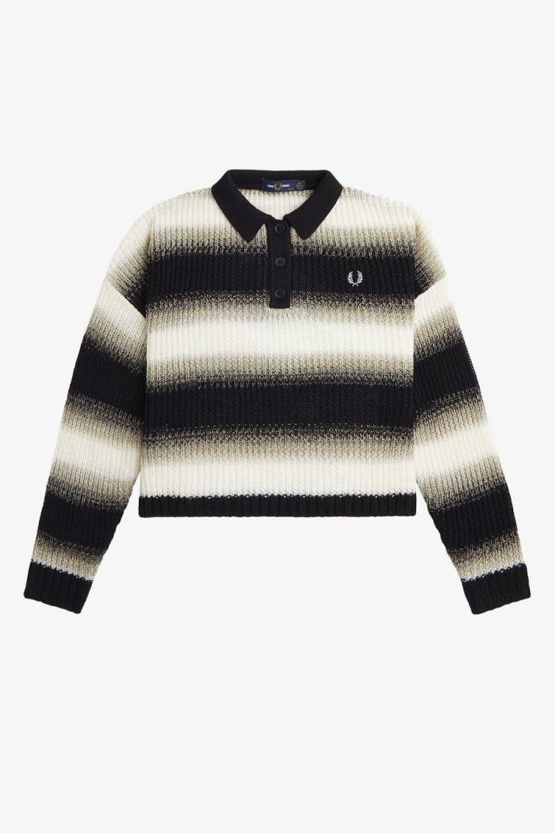 Fred Perry Striped Open-Knit Women's Shirt Black | QRWSK0237