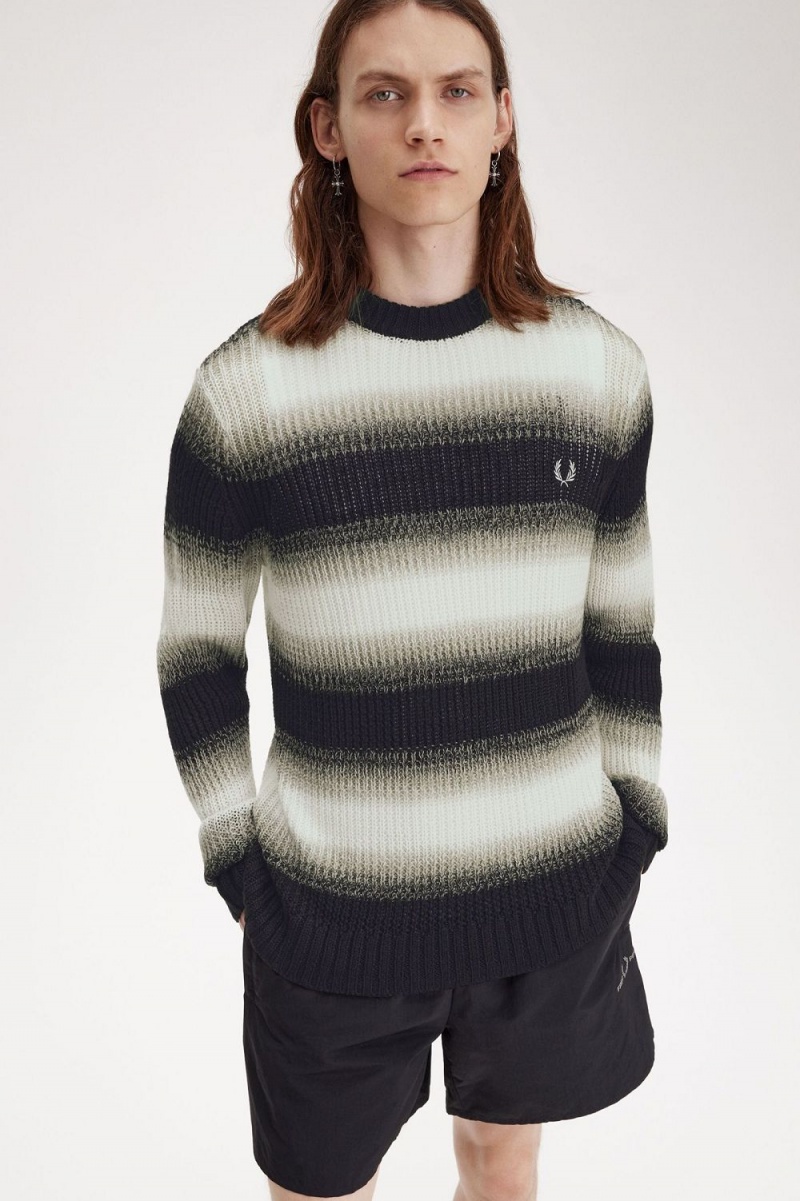 Fred Perry Striped Open Knit Men's Jumper Black | YZPGC0138