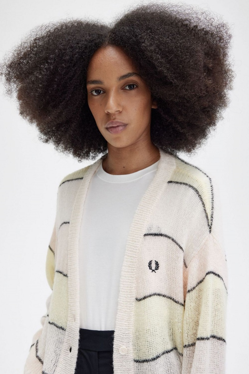 Fred Perry Striped Open Knit Women's Cardigan Silky Peach | DHBLU0957