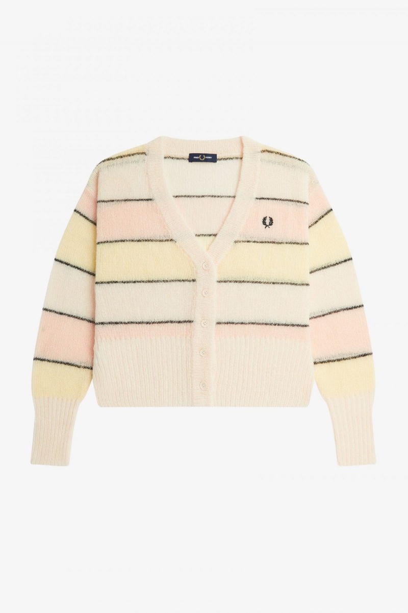 Fred Perry Striped Open Knit Women's Cardigan Silky Peach | DHBLU0957