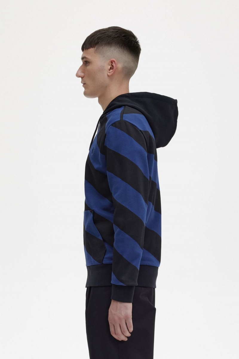 Fred Perry Striped Zip-Through Hooded Men's Sweatshirts Black | QTNHF9735