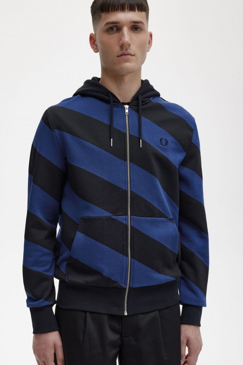 Fred Perry Striped Zip-Through Hooded Men's Sweatshirts Black | QTNHF9735