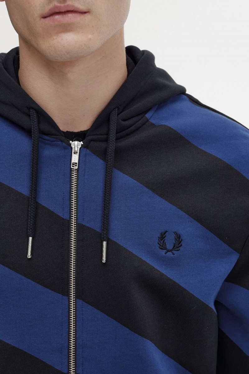 Fred Perry Striped Zip-Through Hooded Men's Sweatshirts Black | QTNHF9735