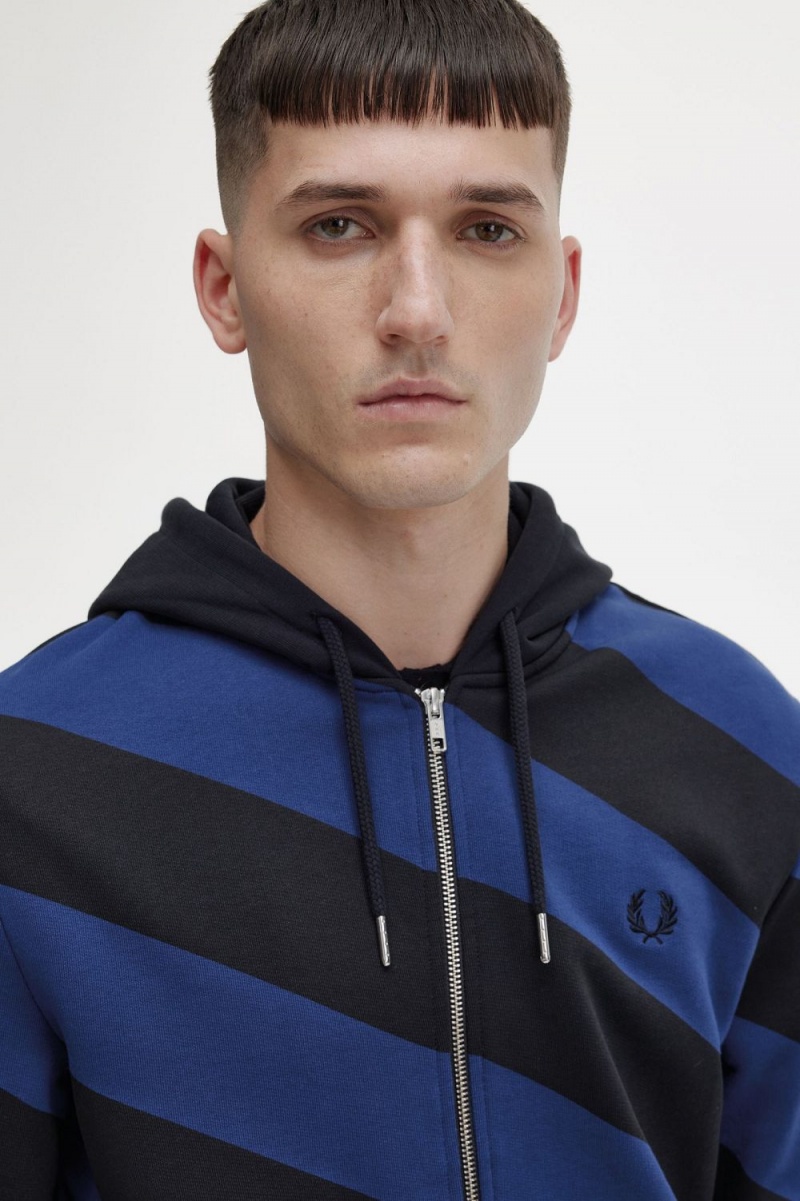 Fred Perry Striped Zip-Through Hooded Men's Sweatshirts Black | QTNHF9735