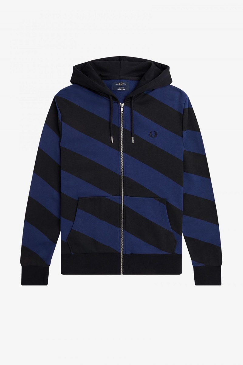 Fred Perry Striped Zip-Through Hooded Men's Sweatshirts Black | QTNHF9735