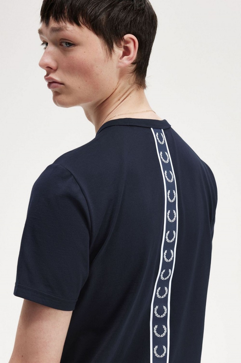 Fred Perry Tape Detail Men's T-Shirt Navy | WSURE6854