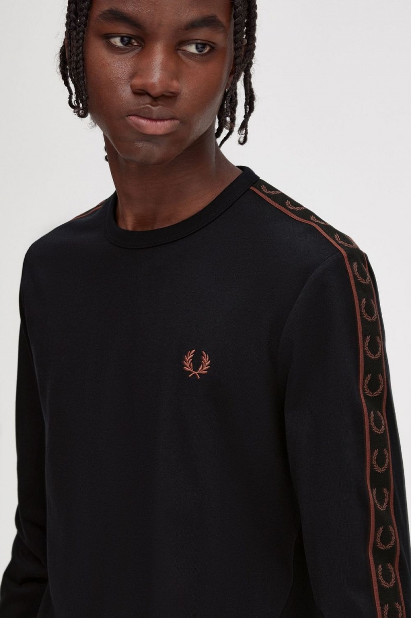 Fred Perry Taped Long Sleeve Men's T-Shirt Black Whisky Brown | SUTCO7652