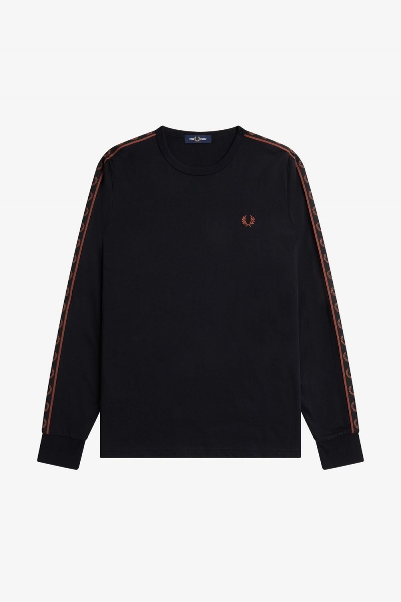 Fred Perry Taped Long Sleeve Men's T-Shirt Black Whisky Brown | SUTCO7652