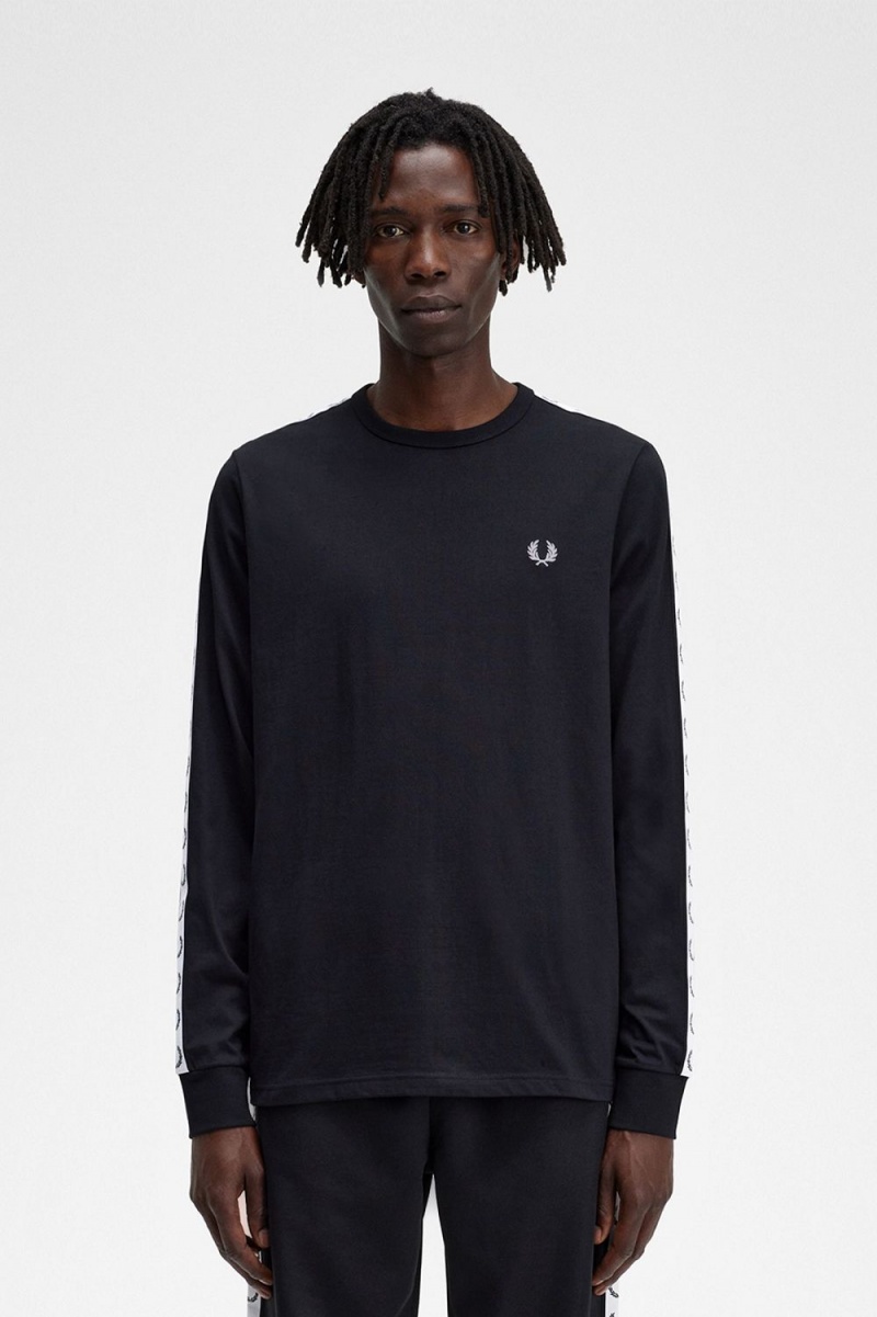 Fred Perry Taped Long Sleeve Men's T-Shirt Black | ULNAH3758