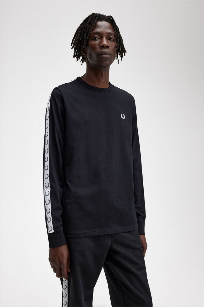 Fred Perry Taped Long Sleeve Men's T-Shirt Black | ULNAH3758