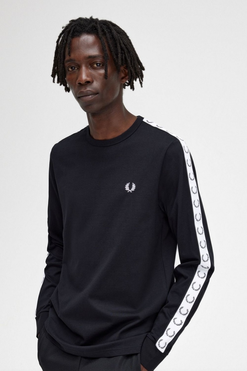 Fred Perry Taped Long Sleeve Men's T-Shirt Black | ULNAH3758