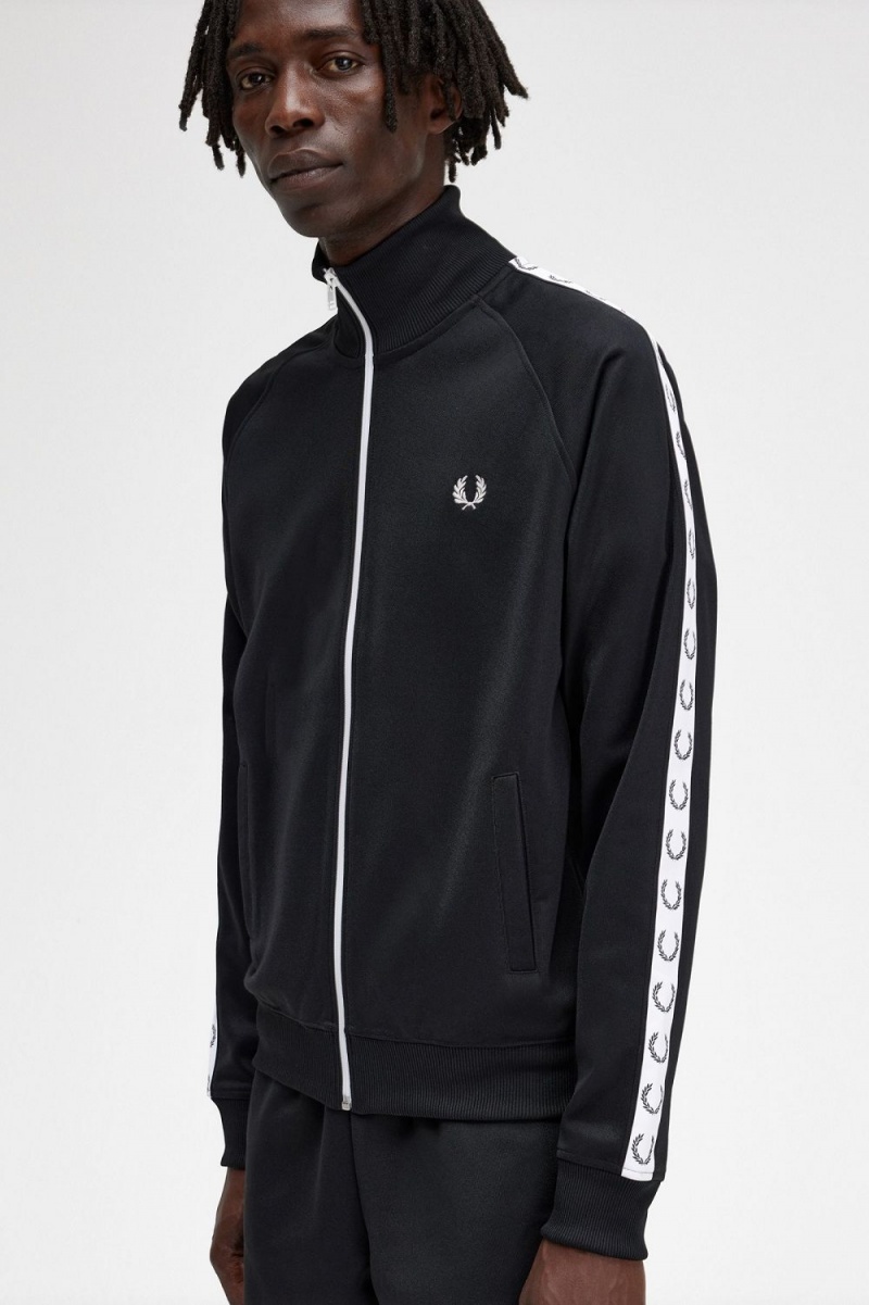 Fred Perry Taped Men's Track Jackets Black | OQCTI0321