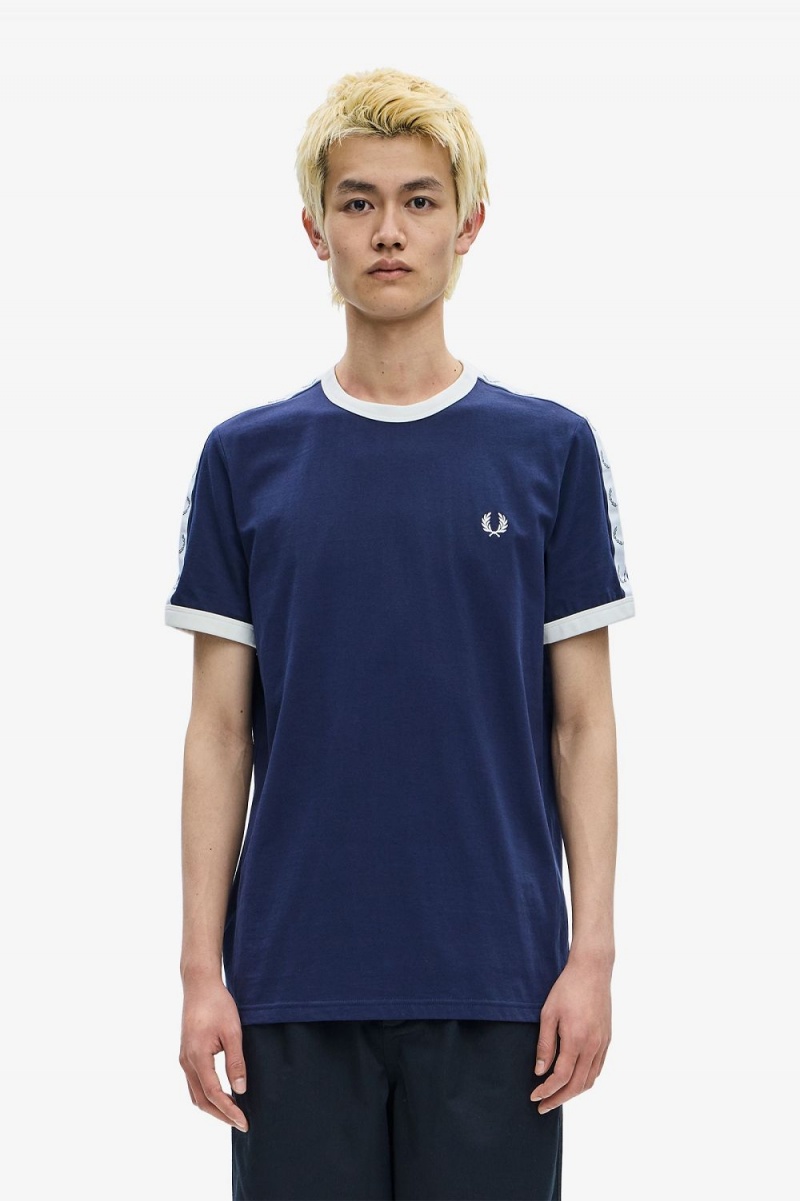 Fred Perry Taped Ringer Men's T-Shirt Carbon Blue | HUIXL8314