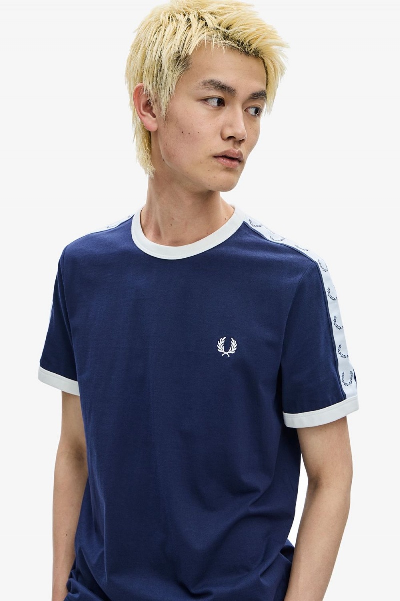 Fred Perry Taped Ringer Men's T-Shirt Carbon Blue | HUIXL8314