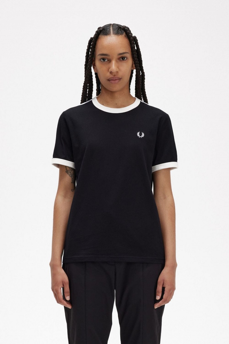 Fred Perry Taped Ringer Women's T-Shirt Black | OKQWA2786