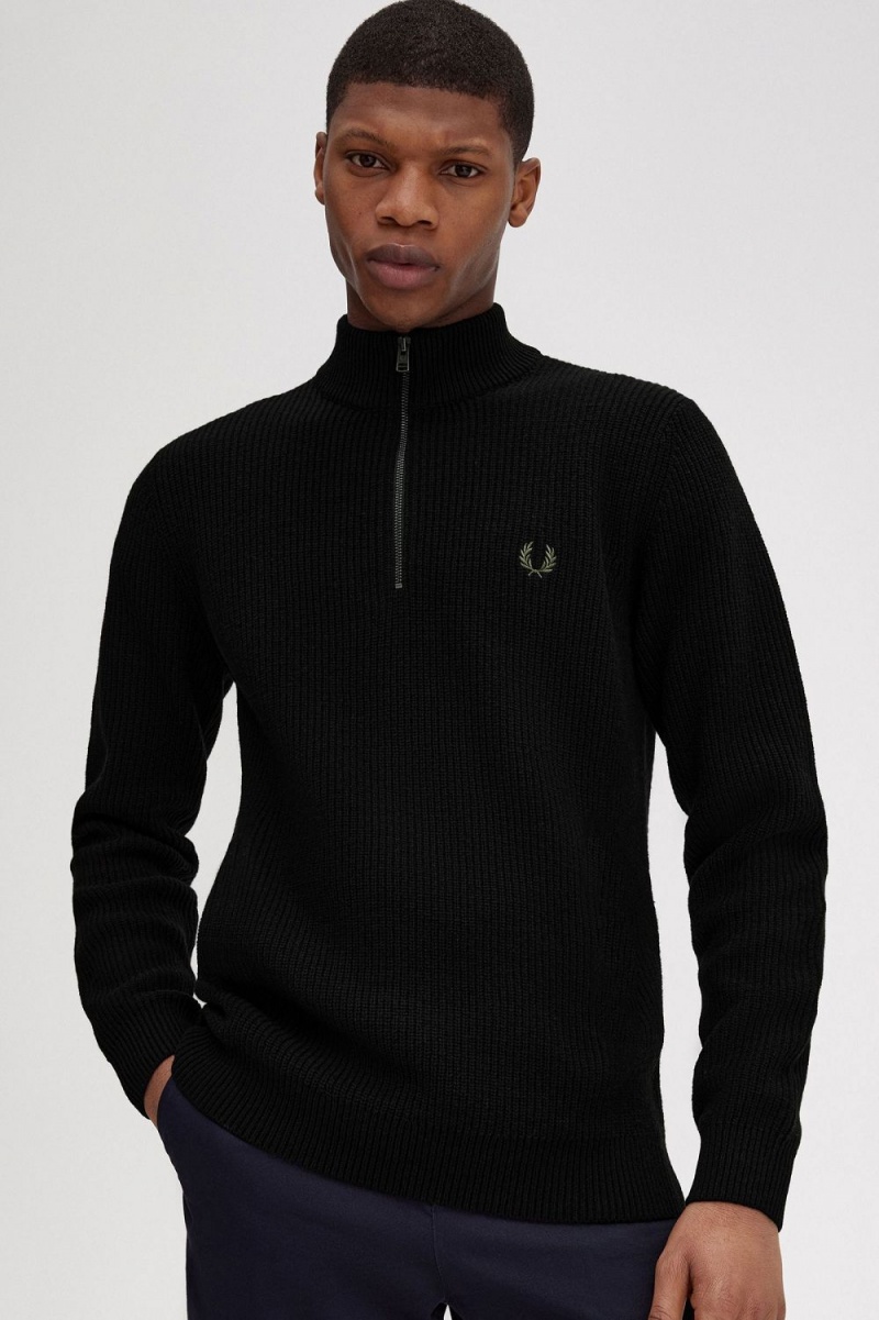 Fred Perry Textured Half Zip Men's Jumper Black | ISEBP8637