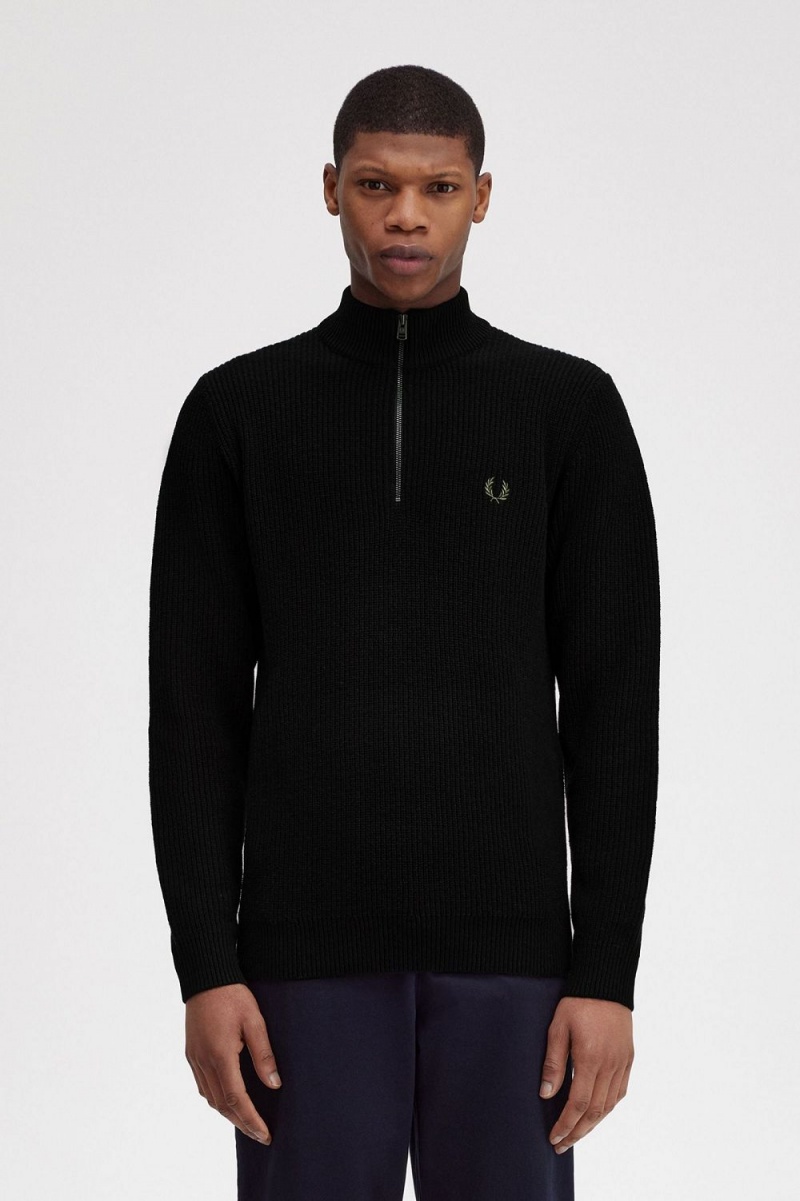 Fred Perry Textured Half Zip Men\'s Jumper Black | ISEBP8637