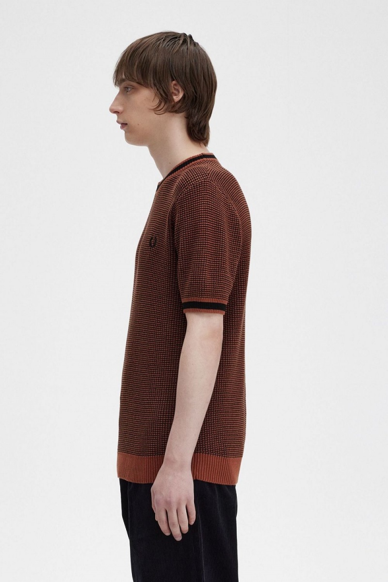 Fred Perry Textured Knitted Men's T-Shirt Whisky Brown | DRLWG9742