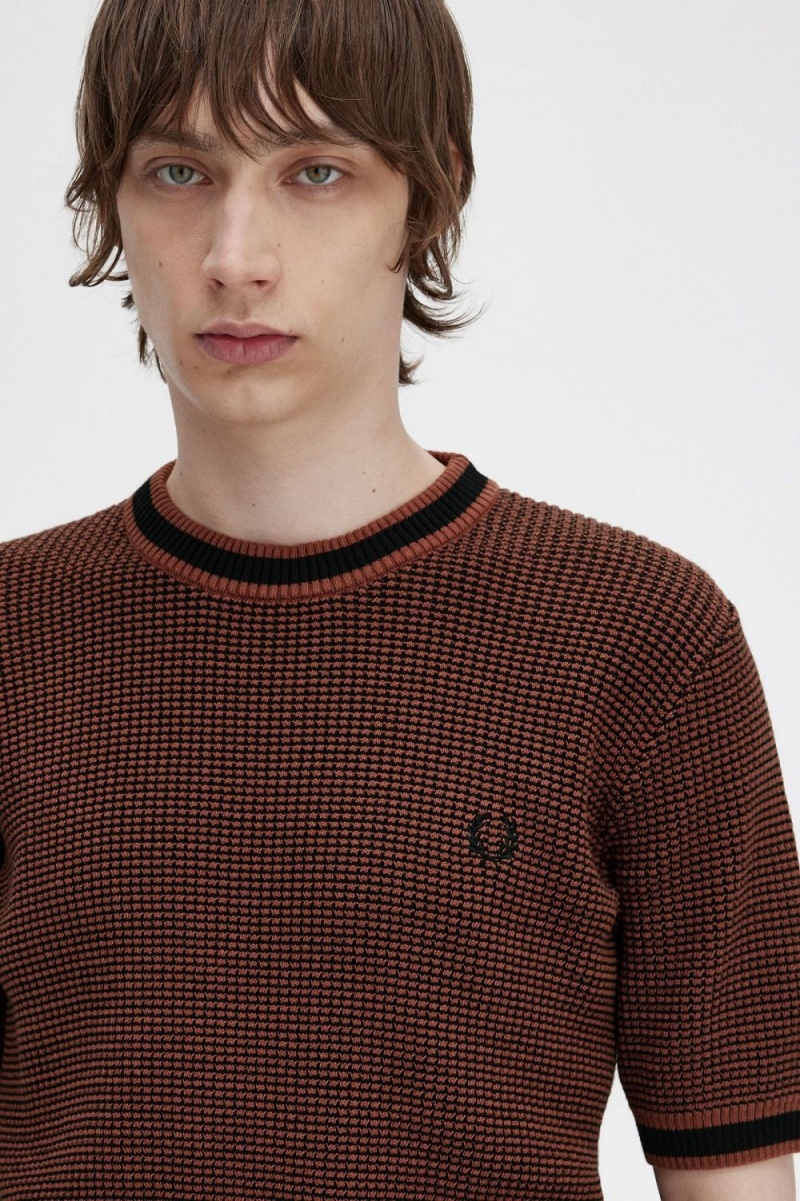 Fred Perry Textured Knitted Men's T-Shirt Whisky Brown | DRLWG9742