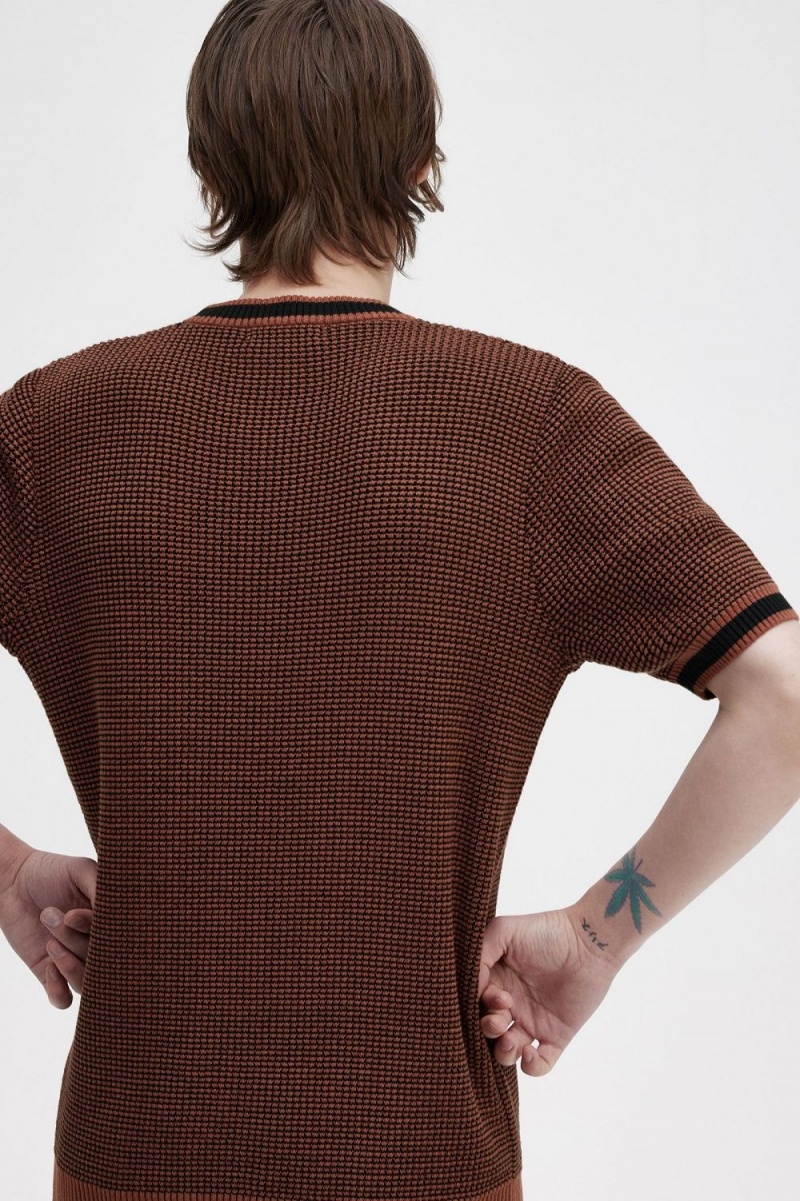 Fred Perry Textured Knitted Men's T-Shirt Whisky Brown | DRLWG9742