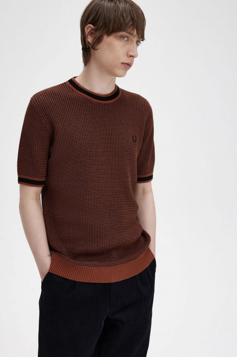 Fred Perry Textured Knitted Men's T-Shirt Whisky Brown | DRLWG9742