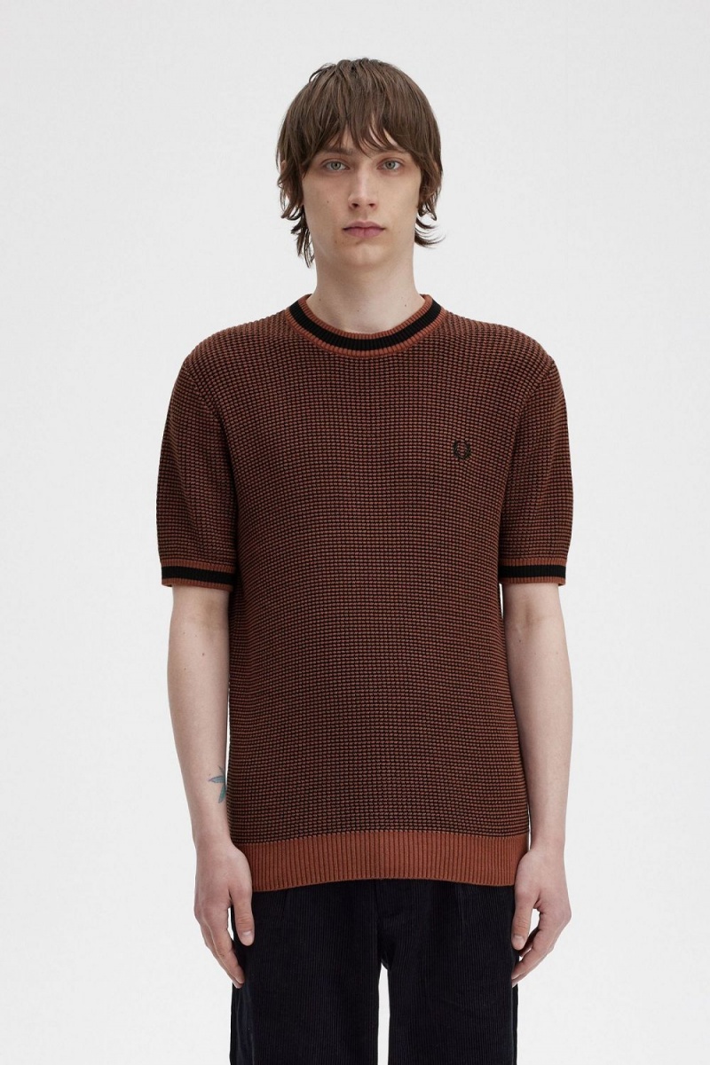 Fred Perry Textured Knitted Men\'s T-Shirt Whisky Brown | DRLWG9742