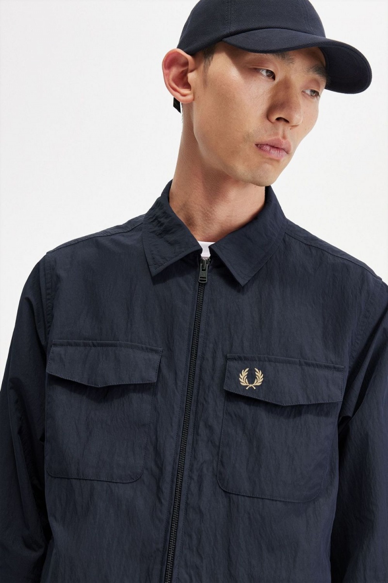 Fred Perry Textured Zip-Through Men's Shirt Navy | TYFMP8401