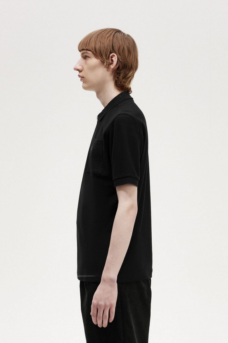 Fred Perry Textured Zip Neck Men's Polo Shirt Black | KTOBS8074