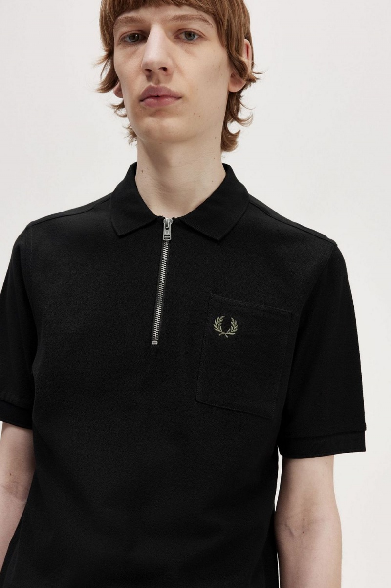 Fred Perry Textured Zip Neck Men's Polo Shirt Black | KTOBS8074