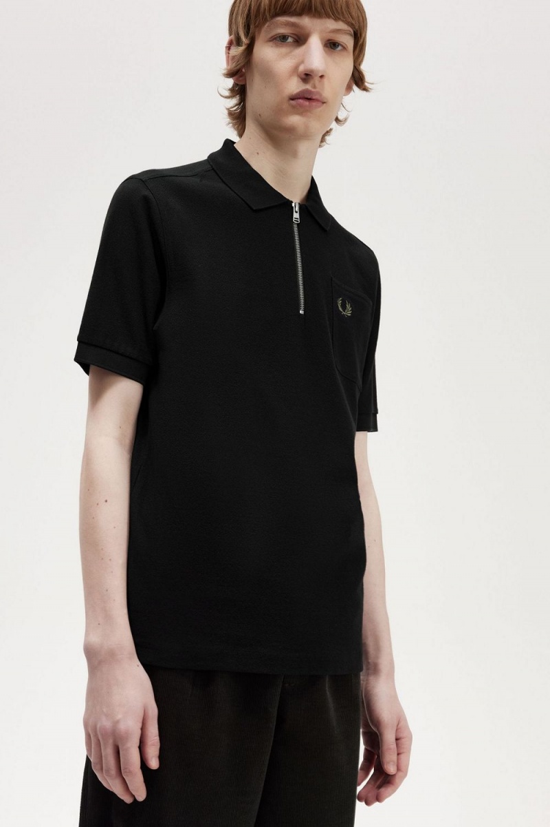 Fred Perry Textured Zip Neck Men's Polo Shirt Black | KTOBS8074