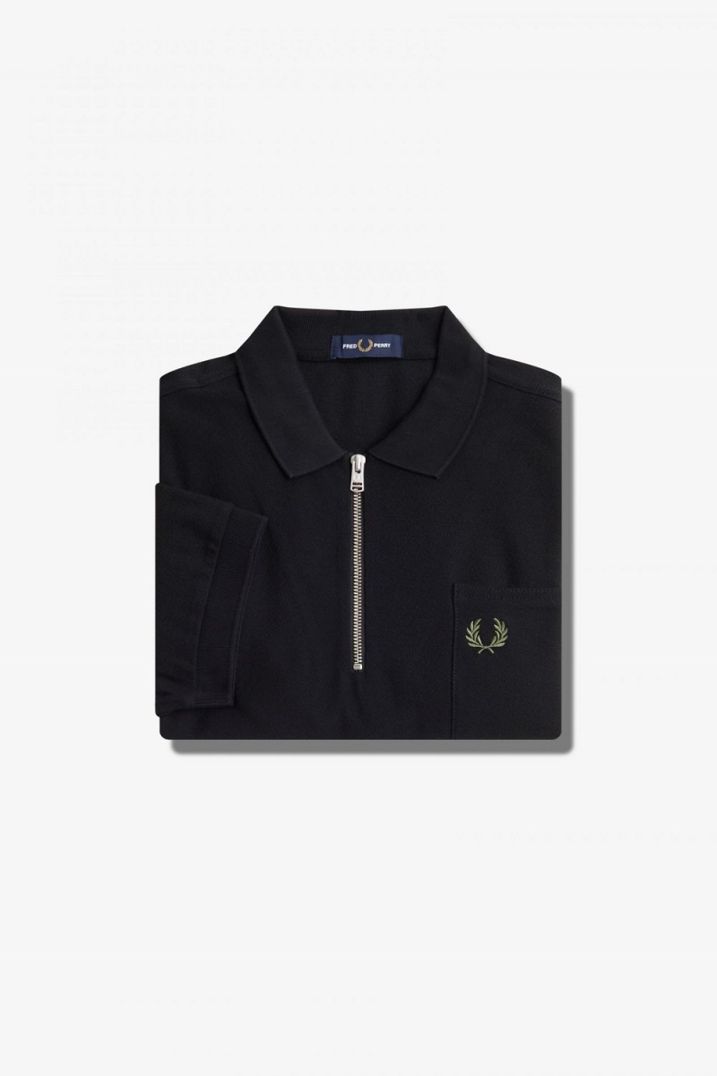 Fred Perry Textured Zip Neck Men's Polo Shirt Black | KTOBS8074