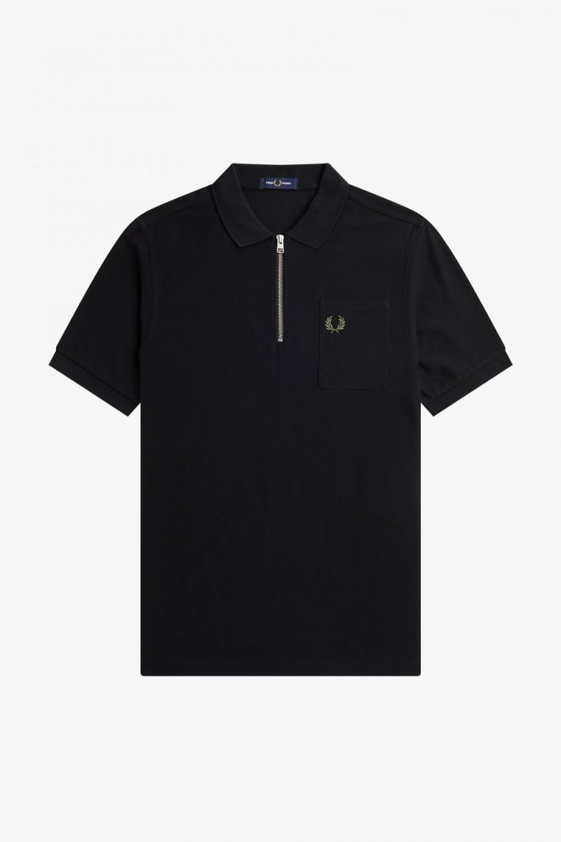 Fred Perry Textured Zip Neck Men's Polo Shirt Black | KTOBS8074