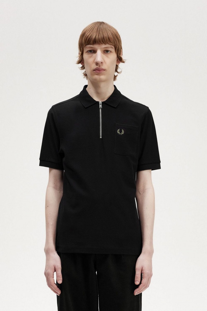 Fred Perry Textured Zip Neck Men\'s Polo Shirt Black | KTOBS8074