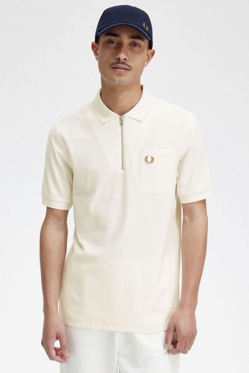 Fred Perry Textured Zip Neck Men's Polo Shirt Beige | PQCDL4930