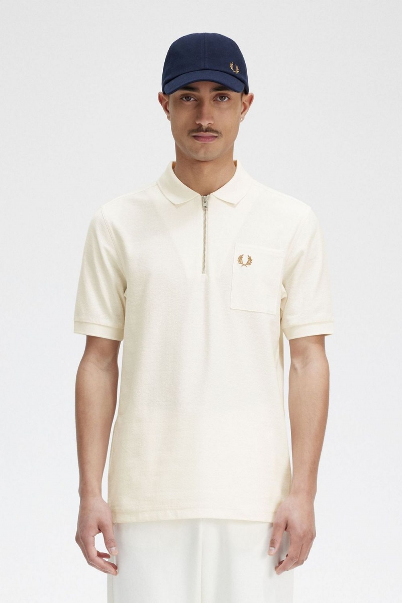 Fred Perry Textured Zip Neck Men\'s Polo Shirt Beige | PQCDL4930