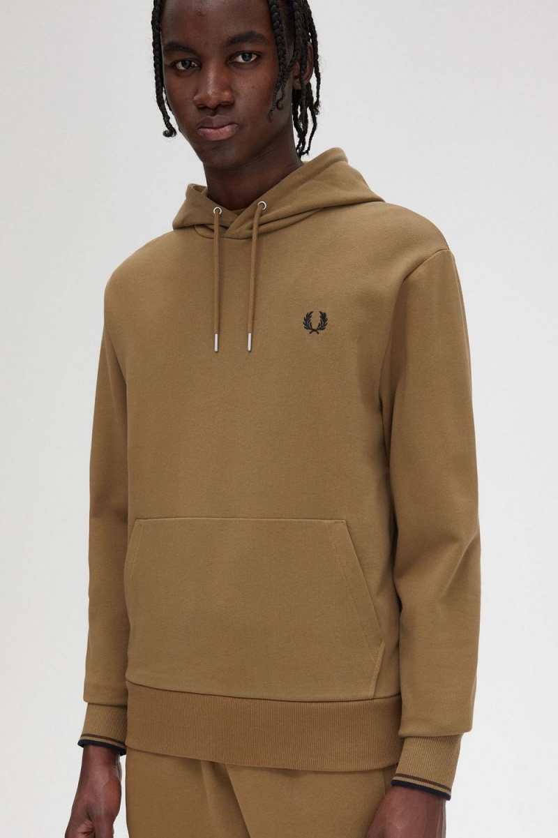 Fred Perry Tipped Hooded Men's Sweatshirts Brown Burnt Tobacco | IEYLZ6401