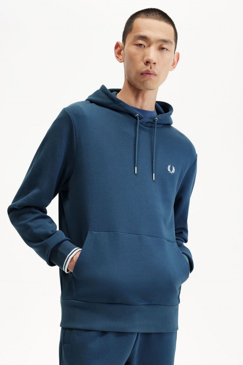 Fred Perry Tipped Hooded Men's Sweatshirts Midnight Blue Light Aqua | CMZLW3482