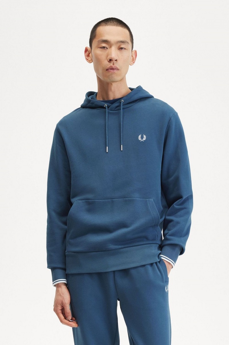 Fred Perry Tipped Hooded Men's Sweatshirts Midnight Blue Light Aqua | CMZLW3482