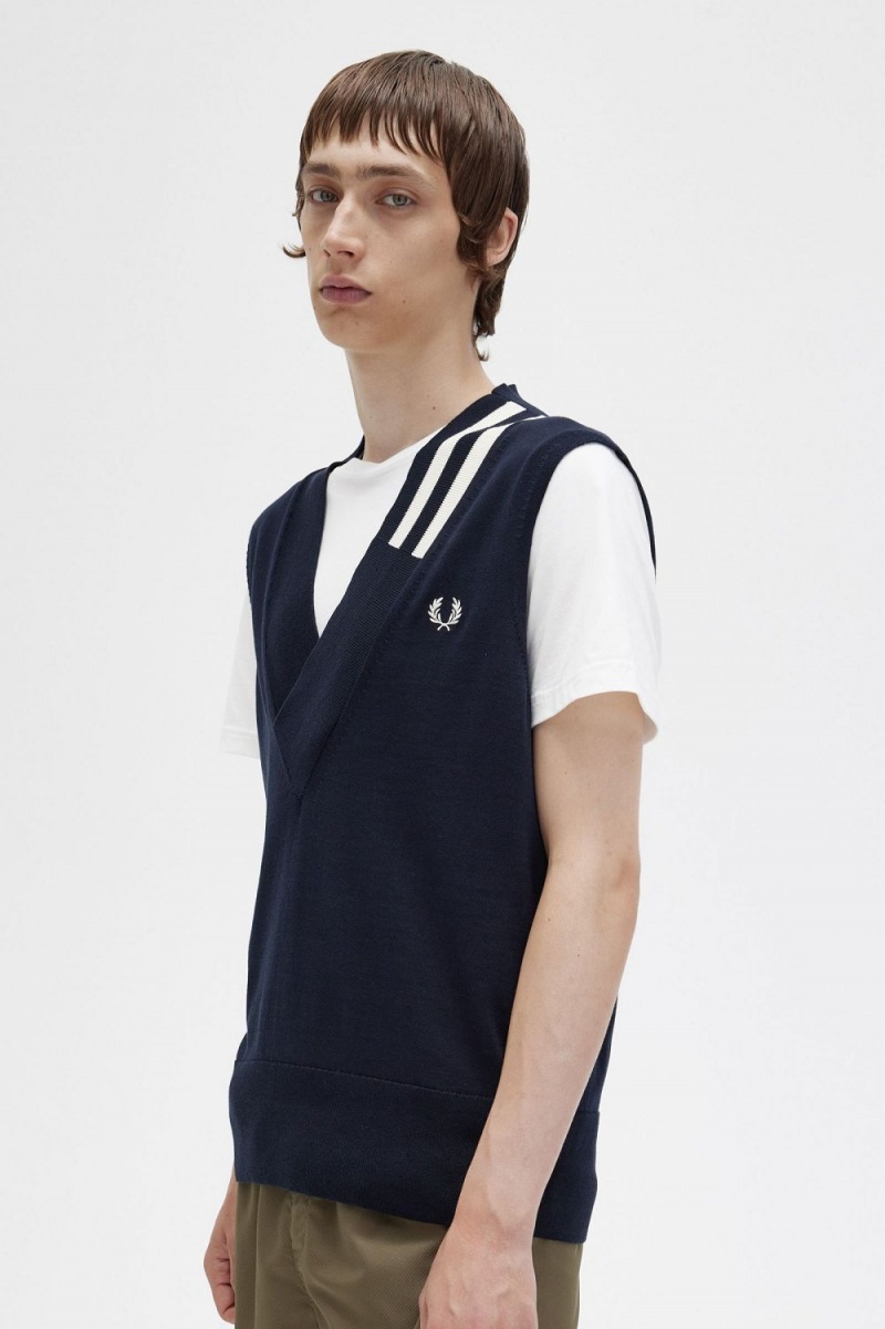 Fred Perry Tipped V-Neck Knitted Men's Tanks Navy | PCIHB1432