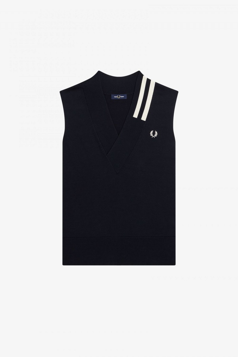 Fred Perry Tipped V-Neck Knitted Men's Tanks Navy | PCIHB1432