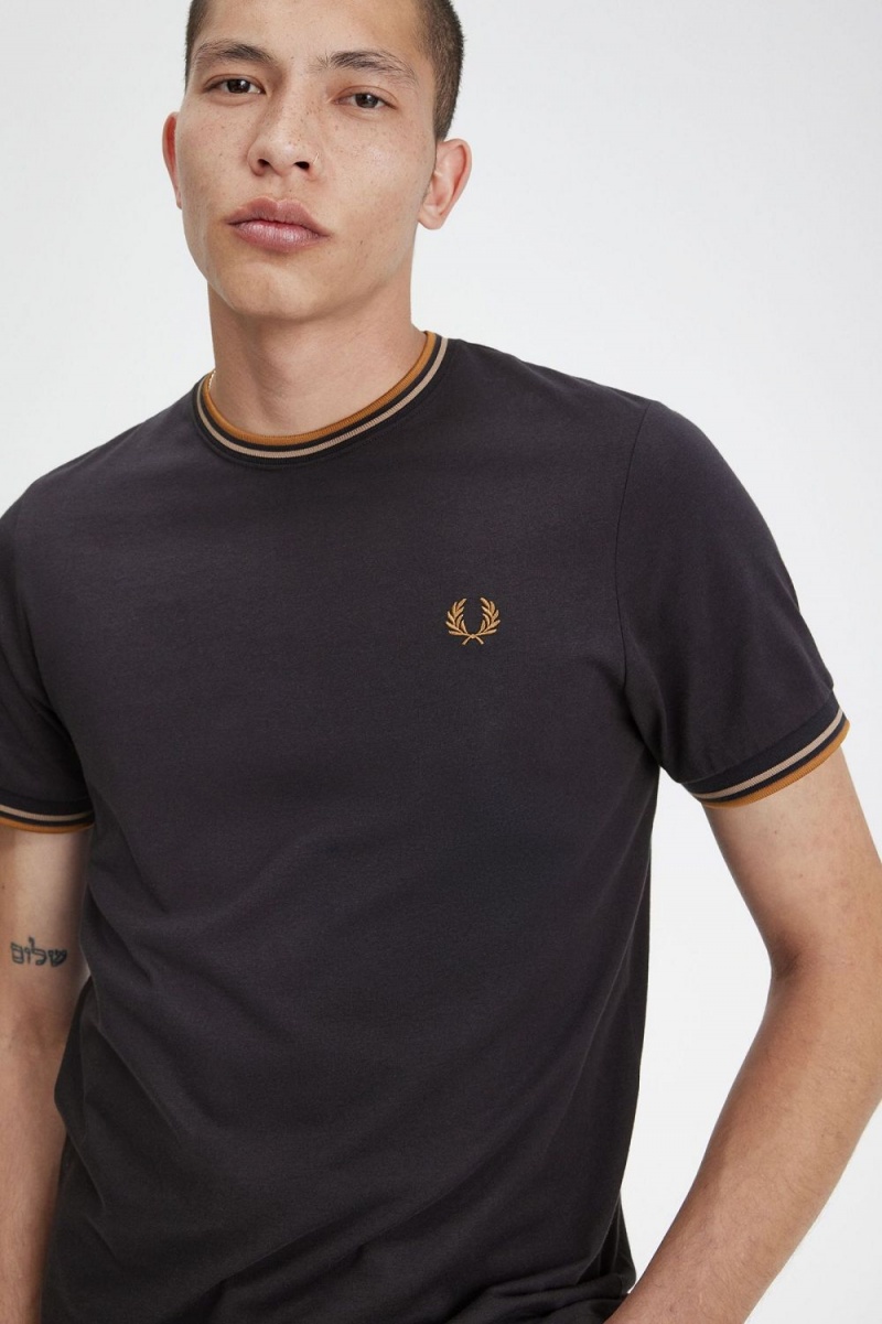 Fred Perry Twin Tipped Men's T-Shirt Anchor Grey Green Dark Coffee | GNKJD6213