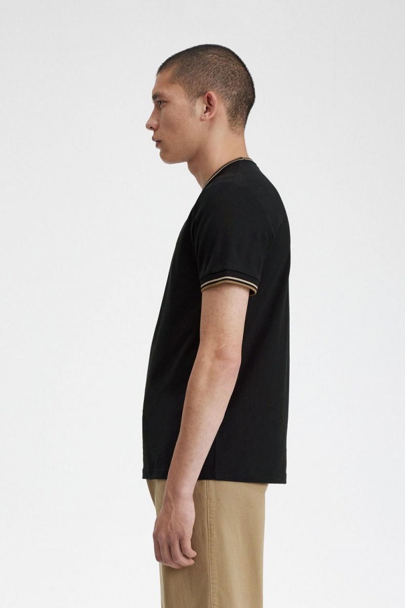 Fred Perry Twin Tipped Men's T-Shirt Black Green Brown | JLIVD0639