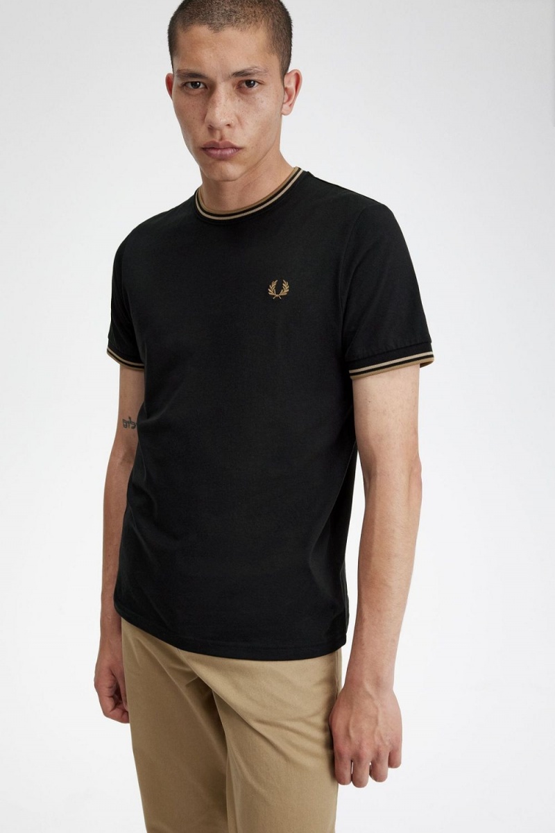 Fred Perry Twin Tipped Men's T-Shirt Black Green Brown | JLIVD0639