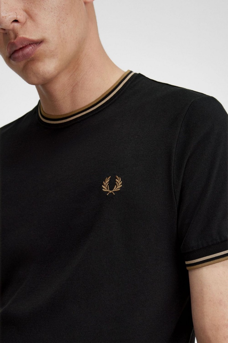 Fred Perry Twin Tipped Men's T-Shirt Black Green Brown | JLIVD0639