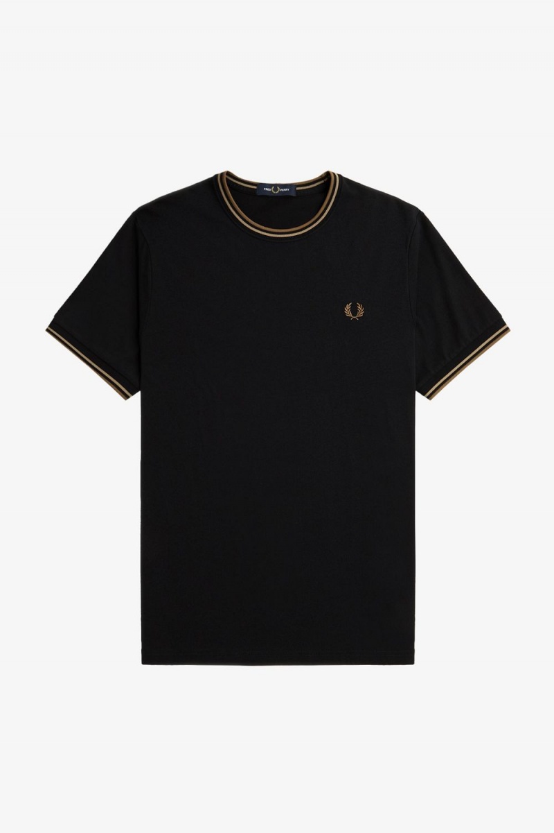 Fred Perry Twin Tipped Men's T-Shirt Black Green Brown | JLIVD0639