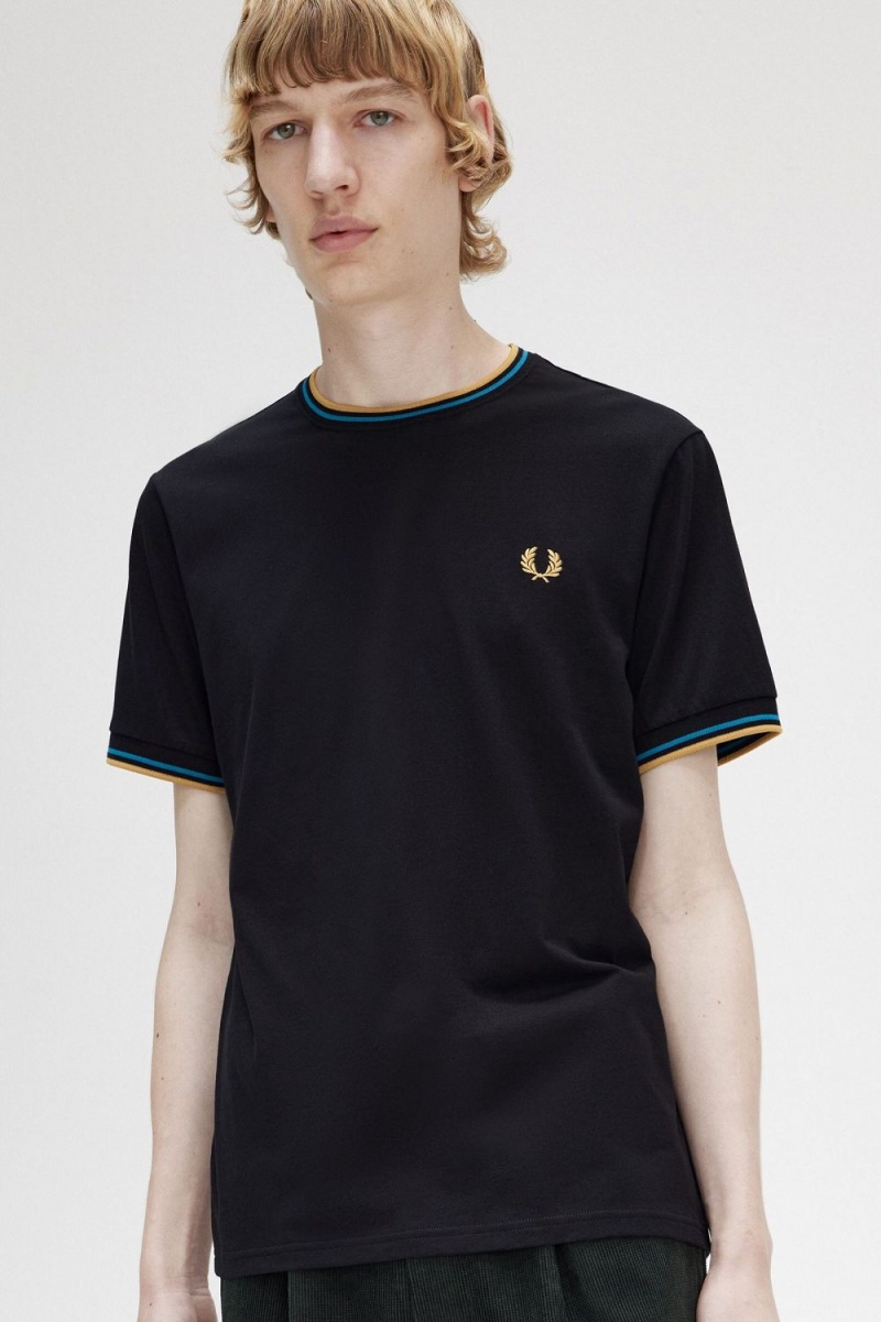 Fred Perry Twin Tipped Men's T-Shirt Black Cyber Blue Light Rust | KNBSL5398