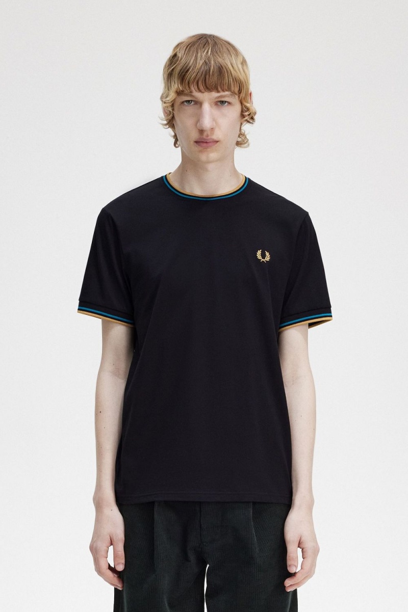 Fred Perry Twin Tipped Men\'s T-Shirt Black Cyber Blue Light Rust | KNBSL5398